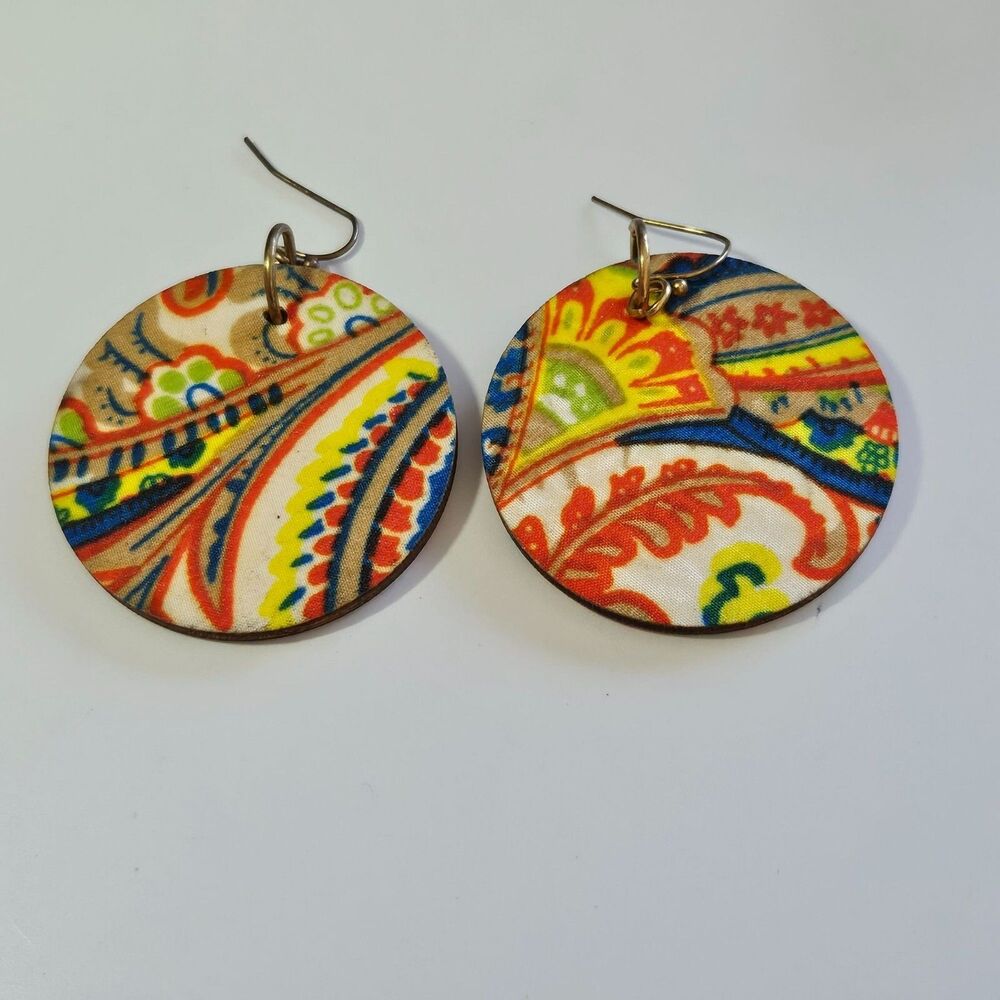 Large Multicolored Circle Earrings Retro Pattern Paisley